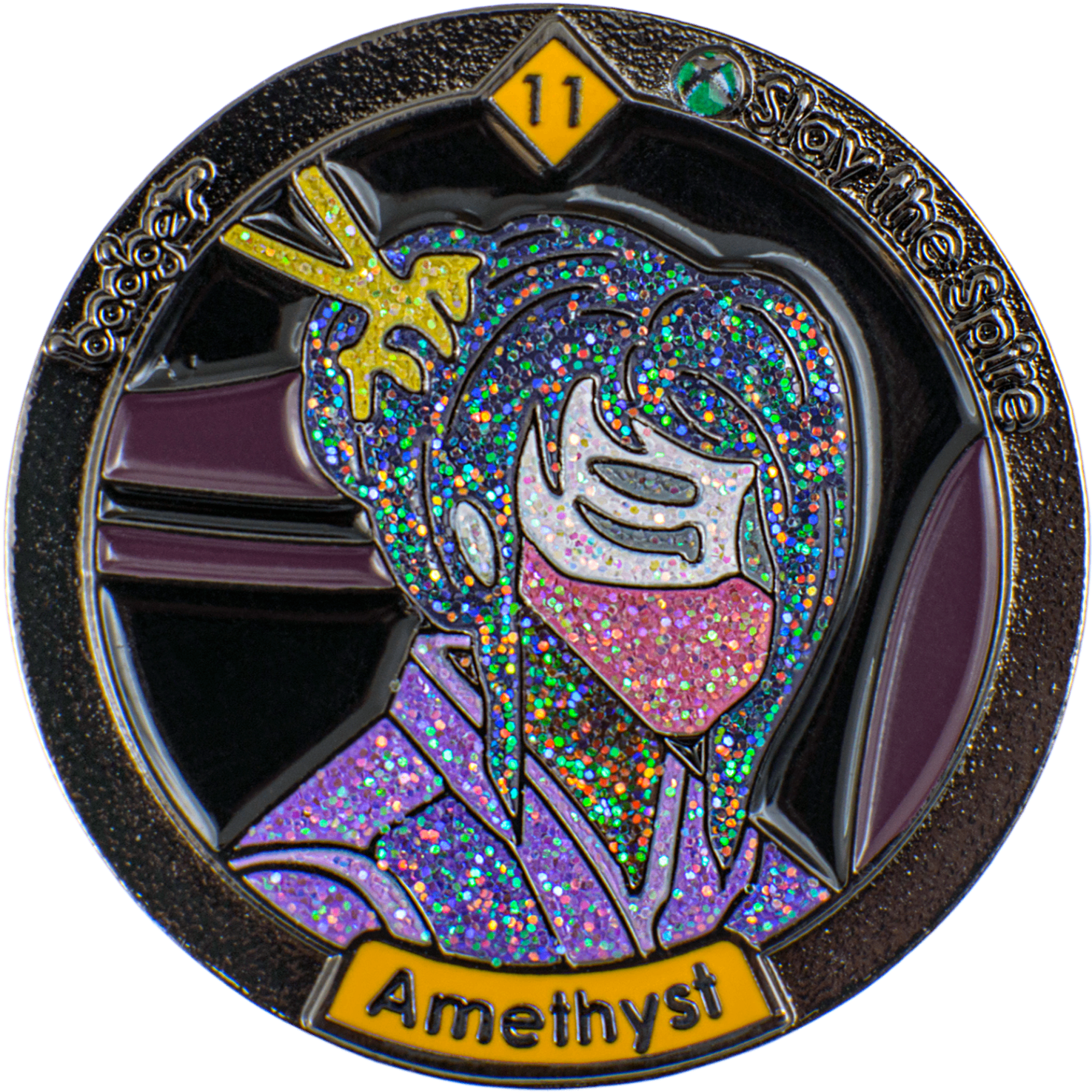 Front of an Amethyst achievement badge with the achievement art, unlock rate, game indicator and achievement name